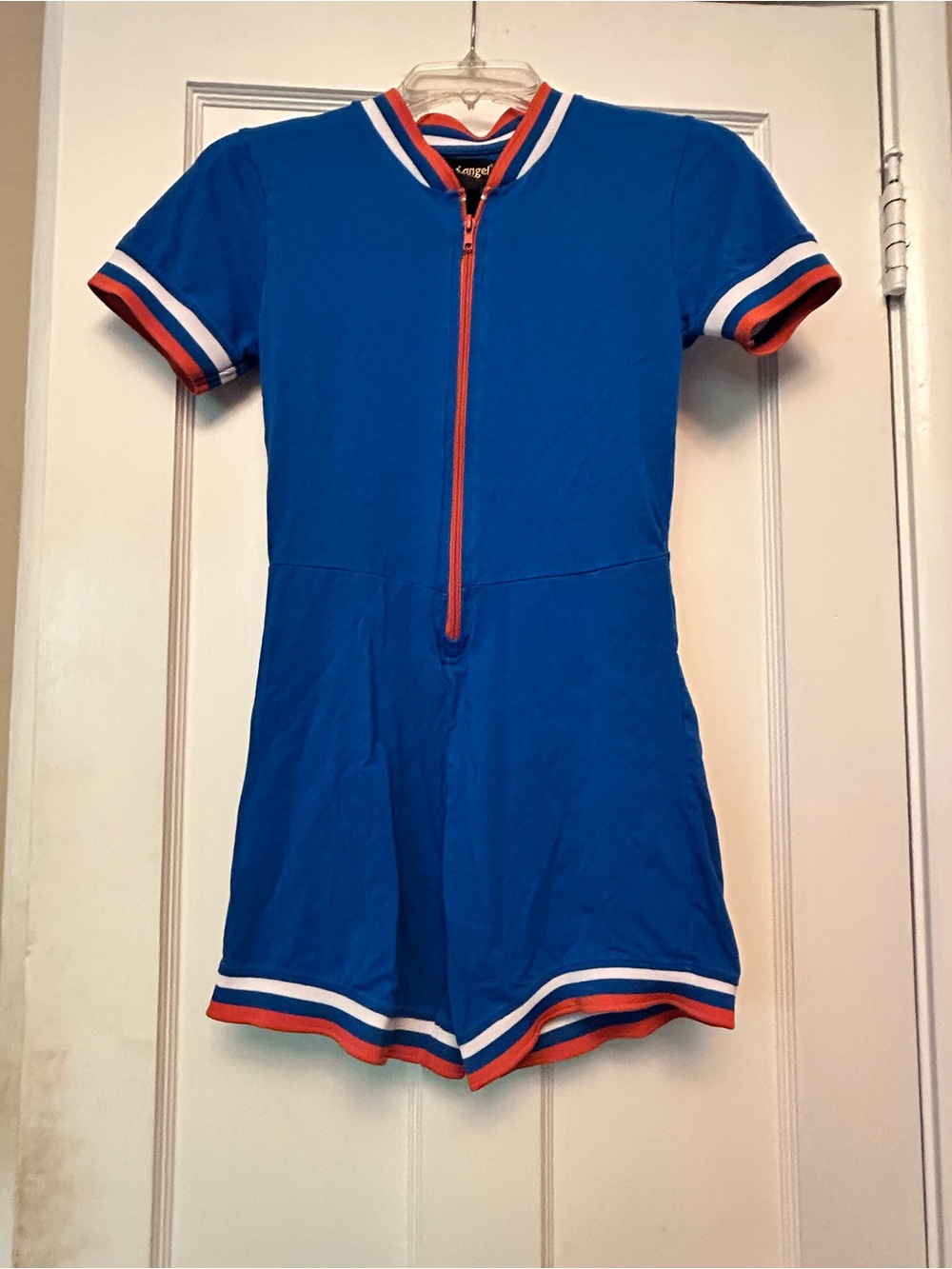 Blue Athletic-Inspired Zipper Romper with Orange & White Trim (NY Knicks colors)